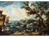 Felsige Küste mit Fischern bei der Bergung von Ladung by Antonio Francesco Peruzzini, oil on canvas, sold Jun 2025