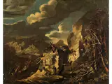 Fantastische Landschaft mit Soldaten by Salvator Rosa, oil on canvas, sold Sep 2024