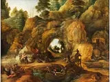 Die Versuchung des Heiligen Antonius by Joos de Momper d. J., oil on panel, sold Mar 2024