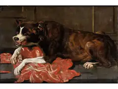 Hund mit Grossem Fleischbrocken by Paul de Vos, oil on canvas, sold Sep 2024