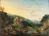 Flusslandschaft mit Grosser Burgruine und Figuren by Jan Griffier d. Ä., oil on panel, offered Jun 2023