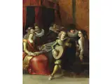 Elegante Gesellschaft mit Lautenspieler by Louis de Caullery, oil on panel, offered Mar 2025