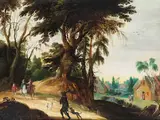 Landschaft mit Jägern und Einem Dorf by Izaack van Oosten, oil on panel, offered Jun 2023