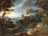 Bergige Flusslandschaft mit Figuren by Gaspard Dughet, oil on canvas, offered Dec 2024