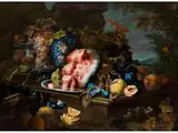 Stillleben mit Wassermelone, Früchten und Blumen by Maximilian Pfeiler, oil on canvas, offered Dec 2024
