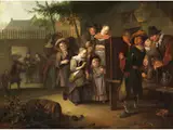 Ein Wanderschausteller auf Einem Dorfplatz by Richard Brakenburgh, oil, offered Dec 2024