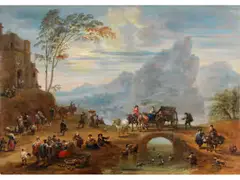 Fantasielandschaft mit Flusslauf und Reicher Figurenstaffage by Mathys Schoevaerdts, oil, sold Jun 2024