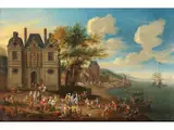 Fischmarkt vor dem Stadttor by Mathys Schoevaerdts, oil on canvas, sold Mar 2024