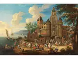 Fischmarkt vor der Stadt by Mathys Schoevaerdts, oil on canvas, sold Mar 2024