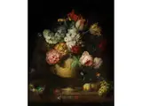 Grosser Blumenstrauss in Einer Steinvase mit Früchten, Nestgelege und Schnecke by Gerard van Spaendonck, oil on canvas, offered Sep 2024
