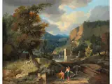 Arkadische Landschaft mit Felsen, Burg am Ufer und Figurenstaffage by Johannes Glauber, oil on canvas, sold Dec 2023