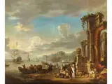 Südliche Hafenlandschaft mit Kauffahrtei-staffage by Johann Georg Stuhr, oil on canvas, offered Dec 2023