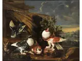 Landschaft mit Tauben und Kaninchen by Carstian Luyckx, oil on canvas, offered Jun 2024