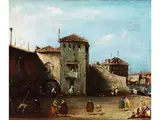 Seltene Ansicht mit Venezianischer Piazza am Canal by Francesco Guardi, oil on canvas, sold Jun 2024