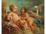 Puttipaar mit Tauben by François Boucher, oil on canvas, offered Jun 2025