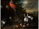 Stillleben mit Kaninchen und Rotem Papagei by Joseph Franz Adolph, oil on canvas, sold Jul 2017