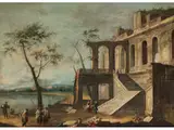 Architektur-capriccio mit Seeufer und Figuren by Apollonio Domenichini, oil on canvas, sold Jun 2022