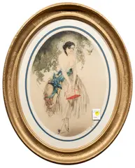 Lady with a Birdcage by Louis Icart, 1922, etching with aquatint, sold Jun 2024