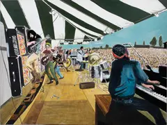 Grateful Dead by Gene Mosles, mixed media on board, sold Jun 2024