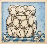 Still Life Scene of Eggs in a Bucket and White Feathers by Kenneth Cox, Oil painting, sold Sep 2025