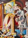 Scene of a Maid with Duster by Frank Maese, 1990, Acrylic on Canvas, sold Sep 2025