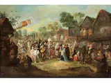 Karneval in Einer Stadt mit Figuren der Commedia Dell’arte by Egbert van Heemskerck d. J., oil on canvas, sold Jun 2019