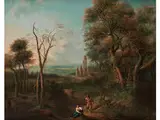 Arkadische Landschaft mit Ruinen und Figuren by Francesco Zuccarelli, oil on canvas, sold Sep 2018