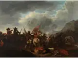 Schweres Reitergefecht an Einer Brücke by Jan Martszen d. J., oil on panel, sold Sep 2018