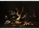Stillleben mit Hase, Vögeln und Einer Katze by Felice Boselli, 1650 Piacenza – 1732 Parma, oil on canvas, sold Dec 2018