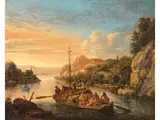 Flusslandschaft mit Beladenem Ruderboot in Einer Bucht by Herman Saftleven, oil on panel, offered Dec 2025