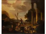 Landschaft mit Ruinen, Figuren und Booten in Einer Bucht by Jacob de Heusch, oil on canvas, offered Sep 2016