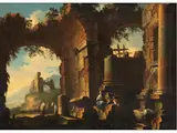 Architekturcapriccio mit Figuren by Alessandro Magnasco, oil on canvas, sold Jun 2023