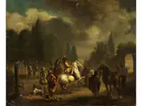 Südliche Landschaft mit Vornehmer Jagdgesellschaft by Dirk Langendijk, oil on copper, offered Jun 2023