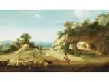 Arkadische Landschaft mit Felshöhle und Hirten by Bartholomeus Breenbergh, oil on copper, offered Jun 2023