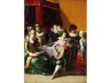Vornehme Gesellschaft mit Musikus by Louis de Caullery, oil on copper, sold Mar 2024