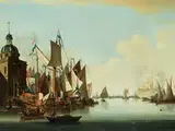 Schiffe in der Hafeneinfahrt Einer Stadt by Jan Claesz Rietschoof, oil on canvas, sold Sep 2018