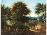Landschaft mit Jagdgruppe by Adriaen Frans Boudewyns d. Ä., oil on panel, offered Sep 2023