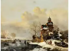 Winterlandschaft mit Schlittschuhläufern Neben Verschneitem Turmgebäude by Andreas Schelfhout, oil, sold Mar 2026