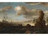 Küstenlandschaft mit Segelschiffen, Aufziehenden Wolken und Staffage by Simon de Vlieger, oil on panel, sold Dec 2024
