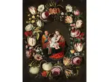 Die Heilige Familie im Blumenkranz by Jan Brueghel d. J. und, oil on panel, sold Mar 2025