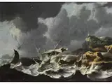 Stürmisches Meer mit Segelbooten vor Felsenküste by Pieter Mulier d. J., oil on panel, sold Dec 2024