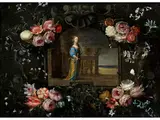 Die Heilige Katharina in Kartusche mit Blumenbouquets by Jan Brueghel d.J., oil on copper, offered Jun 2023