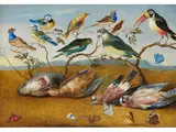 Stillleben mit Vögeln und Schmetterlingen by Johann Baptist Bouttats, oil on panel, sold Mar 2025