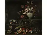 Stillleben mit Pilzen und Blumenvase by Angelo Maria Rossi, oil on canvas, offered Sep 2021