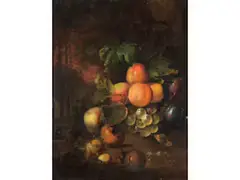 Früchtestillleben mit Landschaft im Hintergrund by Jan Mortel, oil on panel, sold Mar 2025