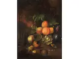 Früchtestillleben mit Landschaft im Hintergrund by Jan Mortel, oil on panel, sold Mar 2025