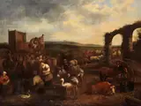 Rurale Landschaft mit Schaustellerbühne by Hendrick Mommers, oil on canvas, offered Mar 2025