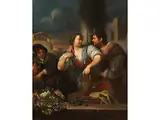 Junger Mann, der Eine Köchin Bedrängt by Jacob van Toorenvliet, oil on canvas, sold Mar 2022
