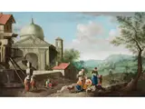 Flusslandschaft mit Dorfbewohnern und Kleinem Tempel by Domenico Pecchio, oil on canvas, sold Mar 2024