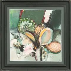 Lastury" [Shells] by Pavel Mutinský, 1991, Mixed Media on Board, sold Oct 2025